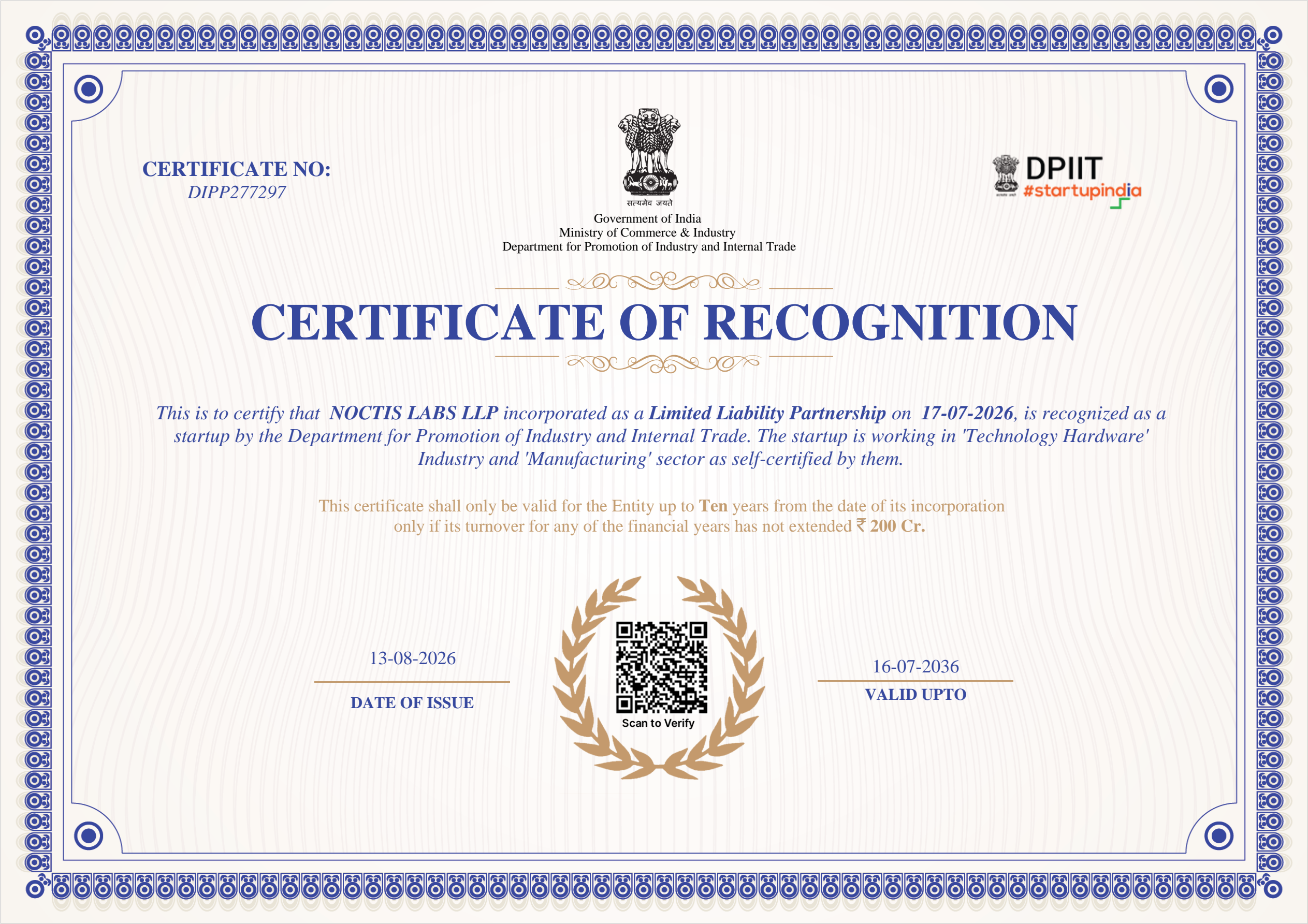 1. Startup India Certificate of Recognition